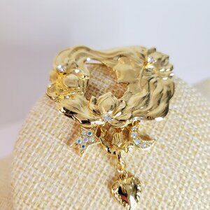Vtg Kirk's Folly Gold Tone Lady Face Moon Star Heart Charm Dangle Pin Brooch